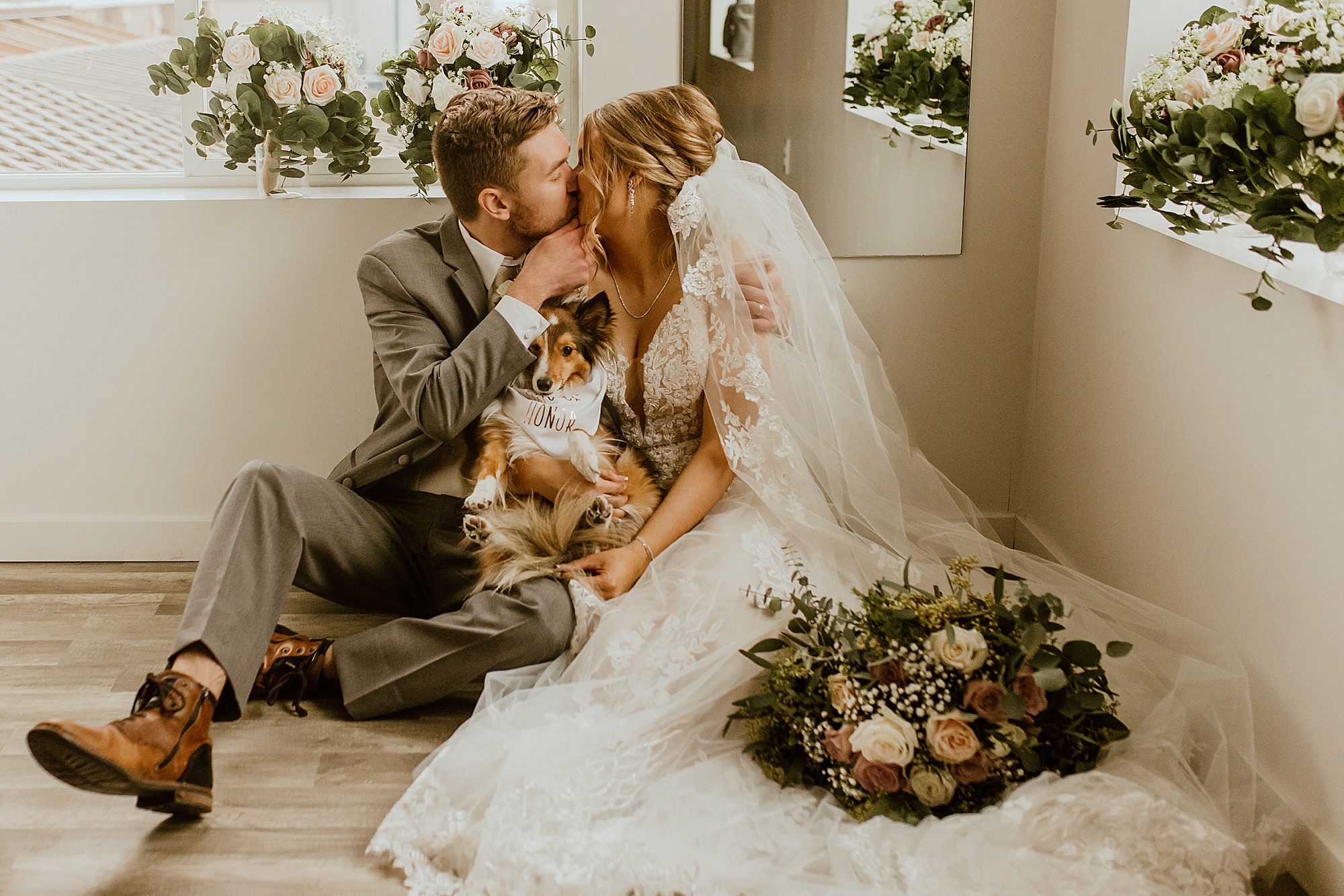 calm your wedding day nerves with a furry friend couple with their dog