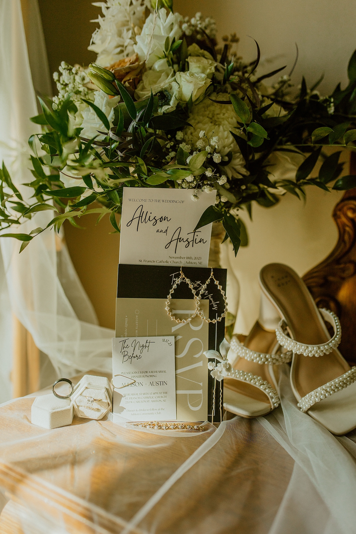 items from the special wedding day shown in a photo for their wedding album